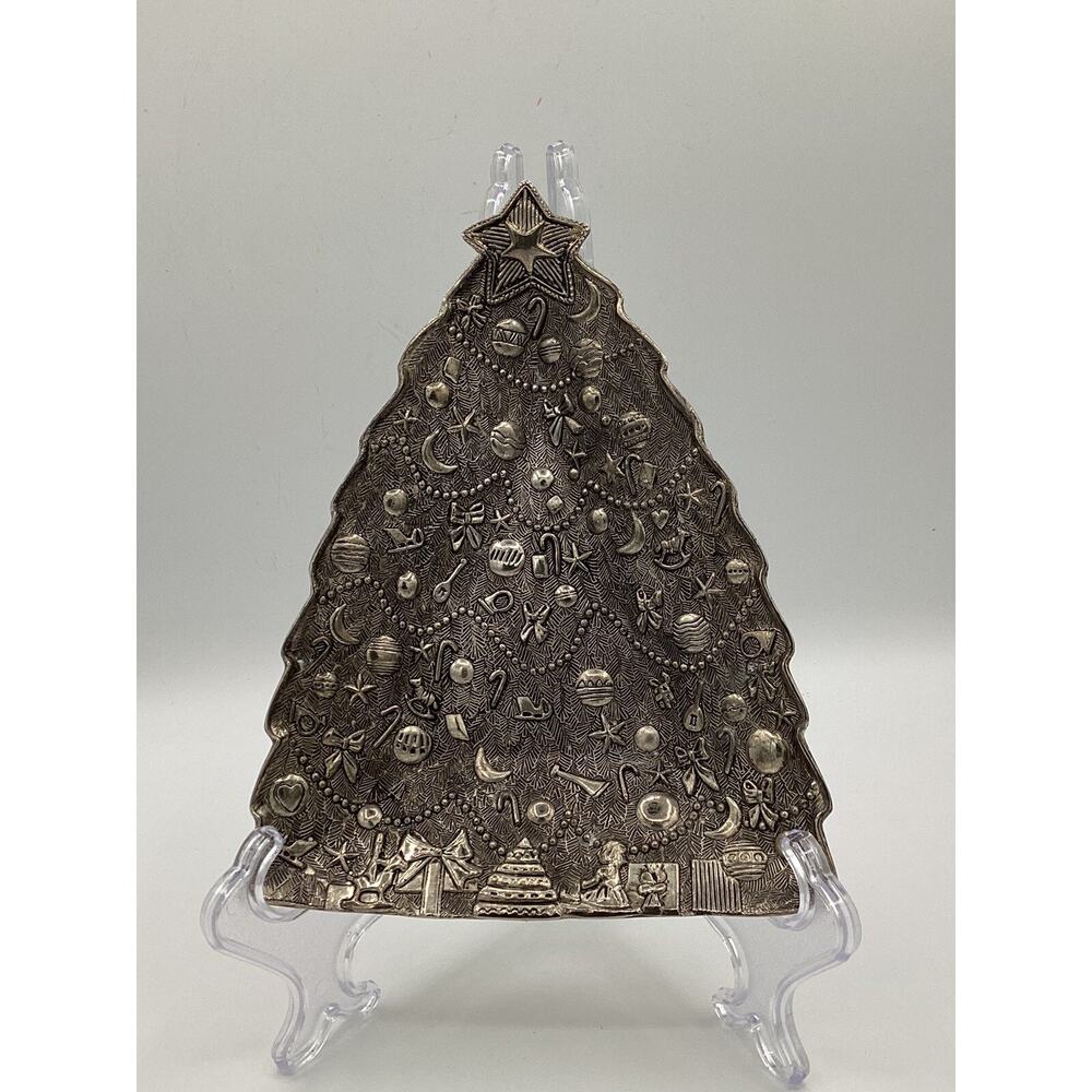 Vtg Christmas Tree Dish International Silver Company Etched Garland/Bows/Toys
